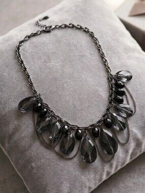 Black Gunmetal With Black Arcylic Crystal Teardrop Necklace